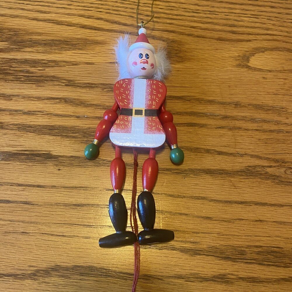 Santa Claus Wooden Pull String Toy Souvenir Red White 7.5" Inches Vintage 1980s